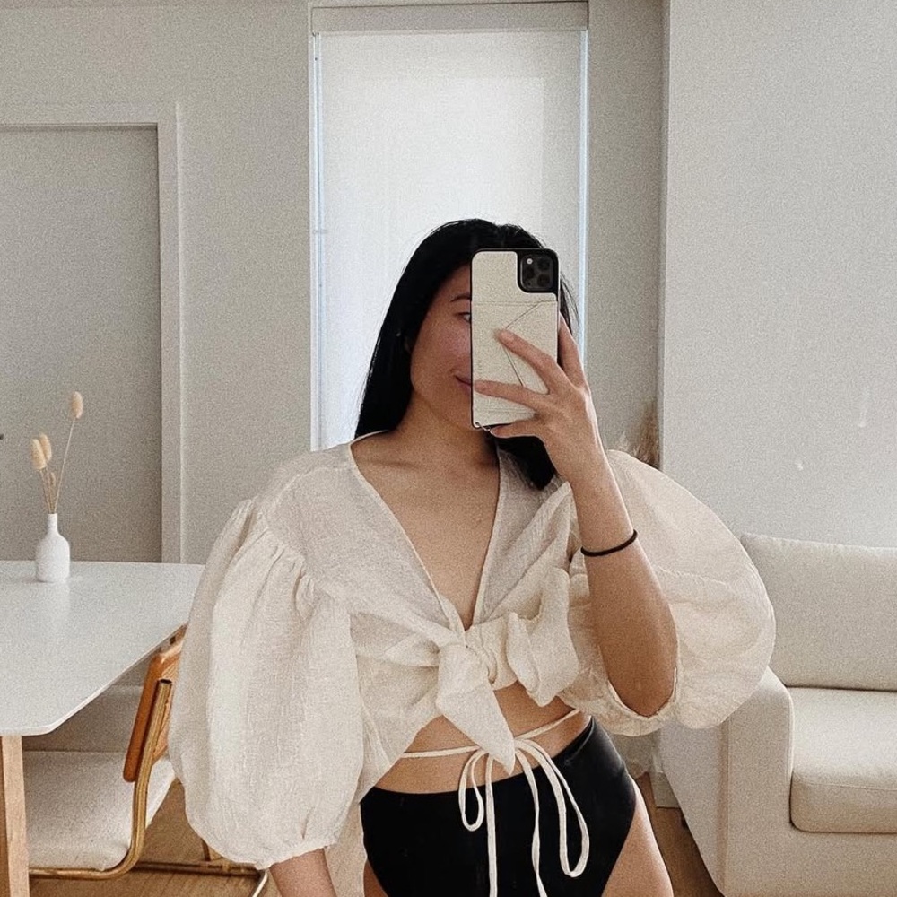Beige puff sleeve wrap top